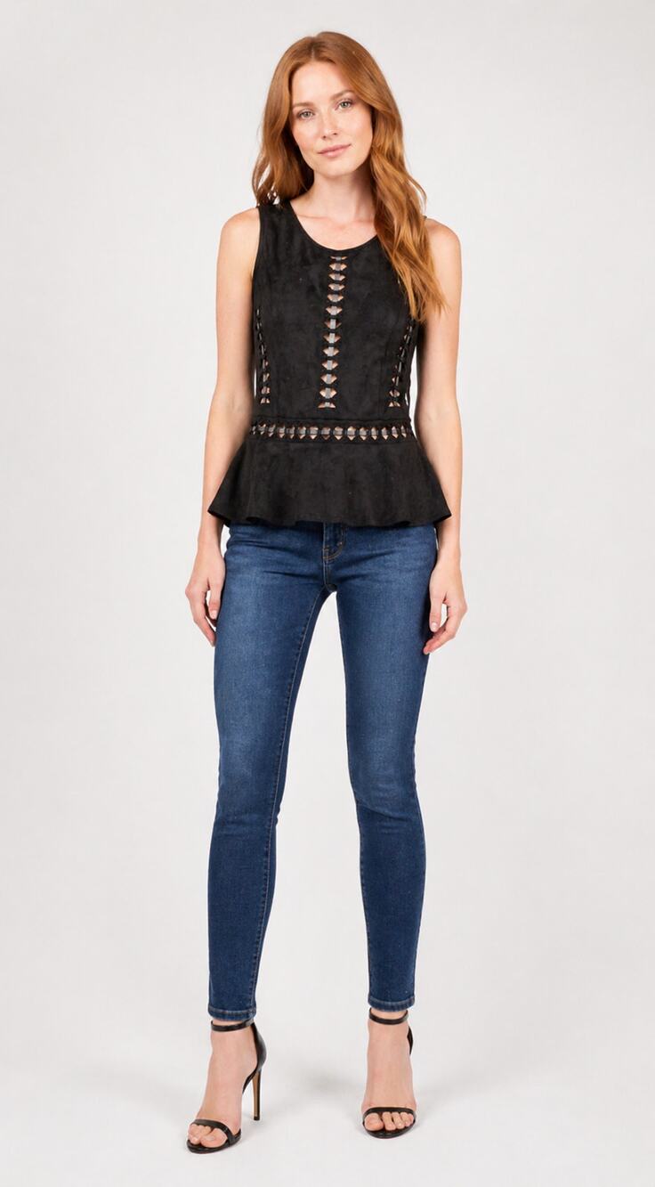 Sugarlips Faux Suede Black Peplum Cutout Ribbon Blouse Shirt Womens Size XS